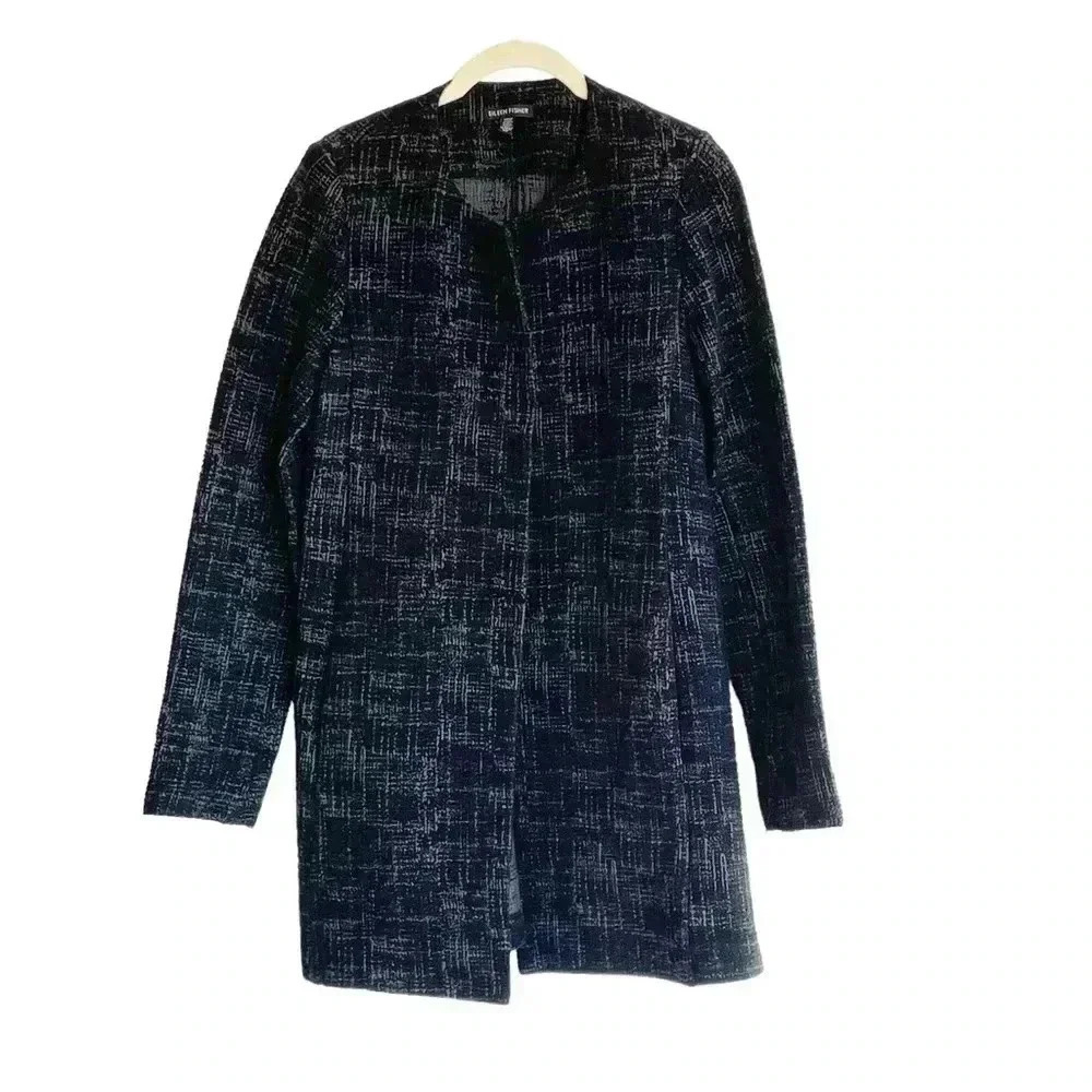 Eileen Fisher Textured Cardigan Jacket Topper Coat Small Black Gray Open Front